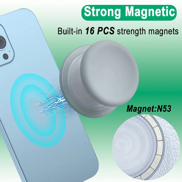A light blue smartphone is shown with a magnetic grip feature and a separate silicone magnet component.