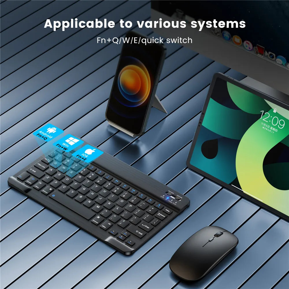 A portable Bluetooth keyboard is shown next to an iPad and a mouse on a dark surface.