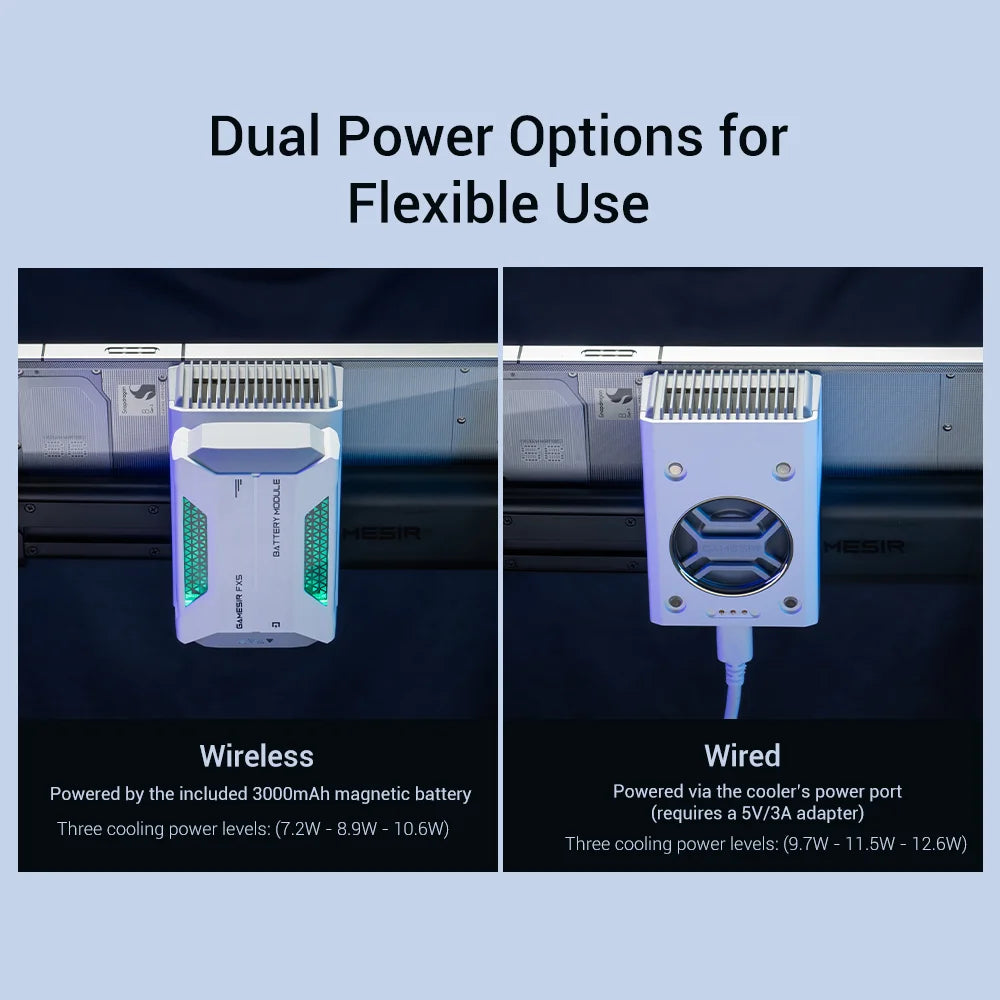Zwei Stromoptionen für flexible Nutzung, die eine drahtlose und eine kabelgebundene Version eines Kühlers zeigen