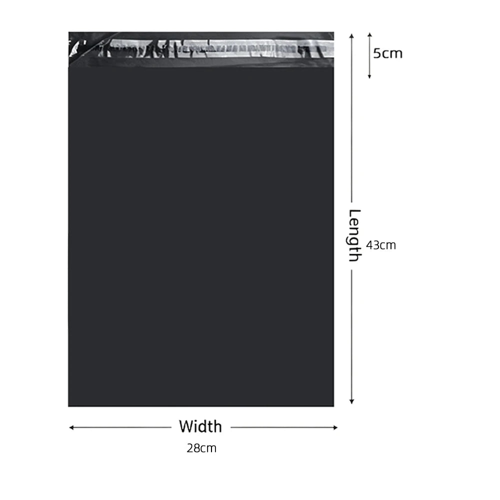 Black poly mailers with dimensions 5cm high and 43cm long, measuring 28cm wide.