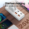A white multi-interface fast charging adapter with multiple USB ports is shown next to smartphones.