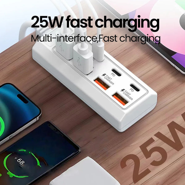 A white multi-interface fast charging adapter with multiple USB ports is shown next to smartphones.