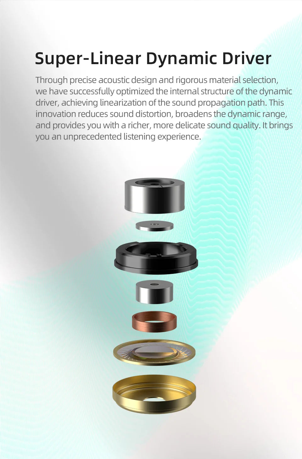 A close-up view of a Super-Linear Dynamic Driver featuring multiple metallic components stacked vertically.