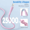 Pink fast charging USB cable demonstrating durability with a bending lifespan of 25000 plus.