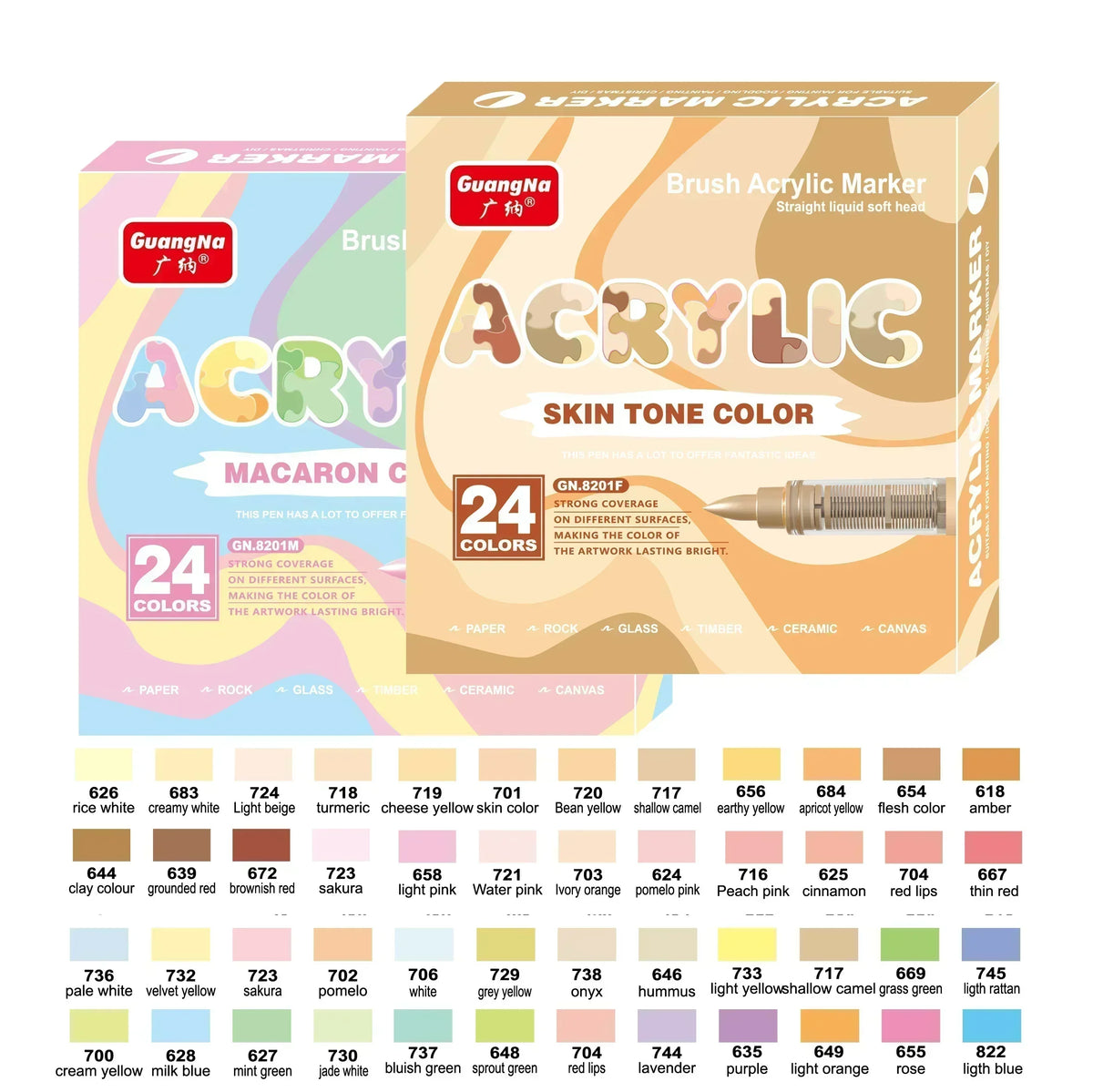 Box of 24 colors of Brush Acrylic Markers for skin tone color on different surfaces