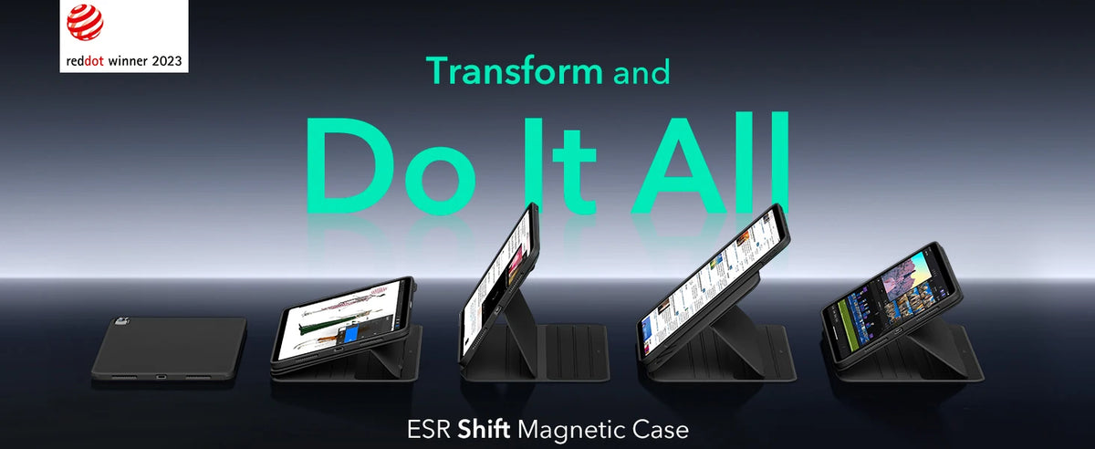 ESR Shift Magnetic Case showing various angles of a magnetic folio case for an iPad Air.