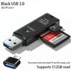 Black USB 3.0 SD+TF 2-in-1 card reader with a connector for memory cards