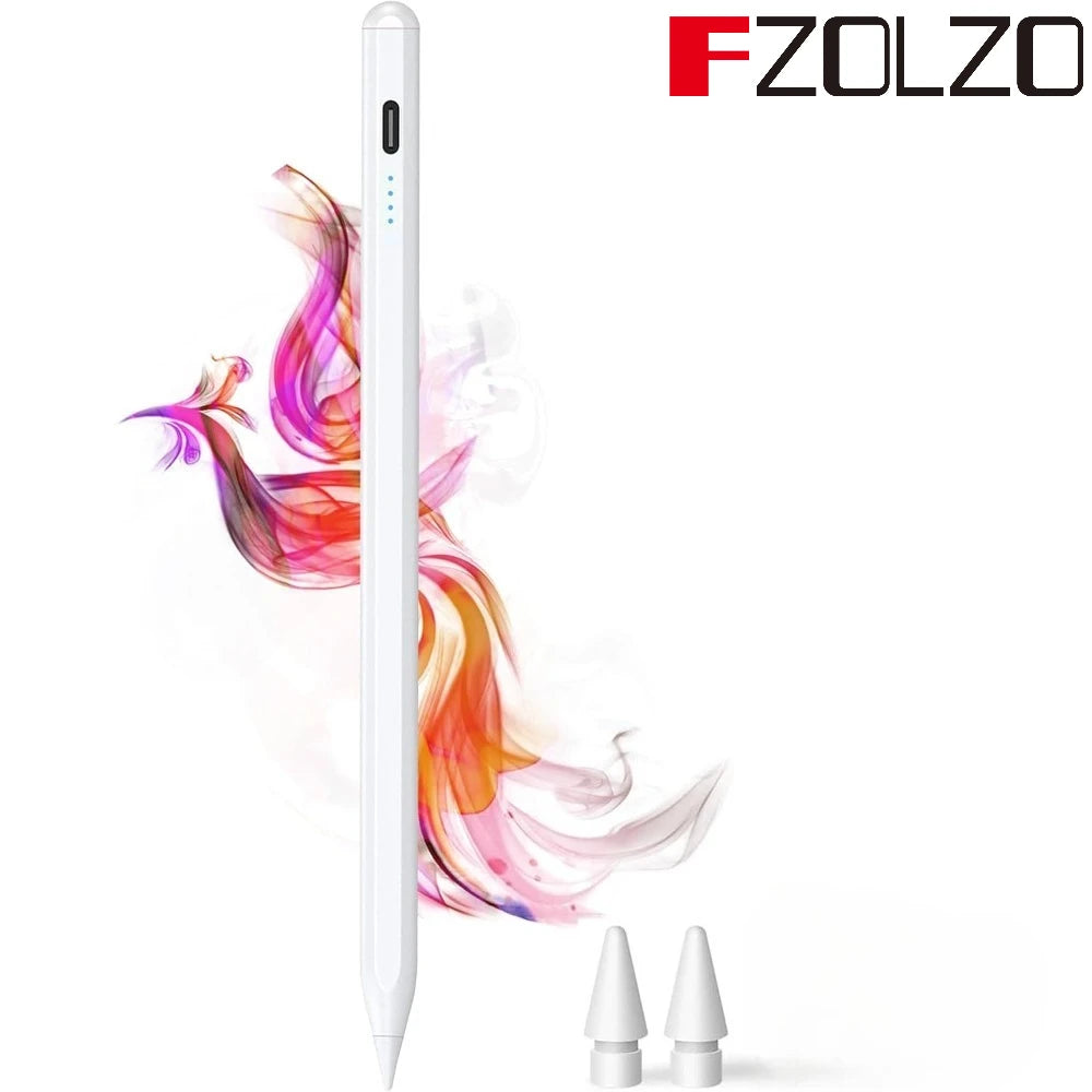 A white precision stylus with a translucent, colorful swirl design is shown next to its tips.