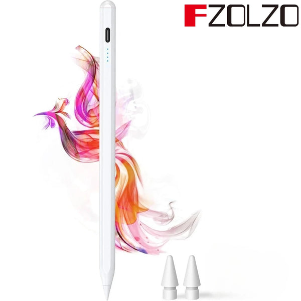 A white precision stylus with a translucent, colorful swirl design is shown next to its tips.