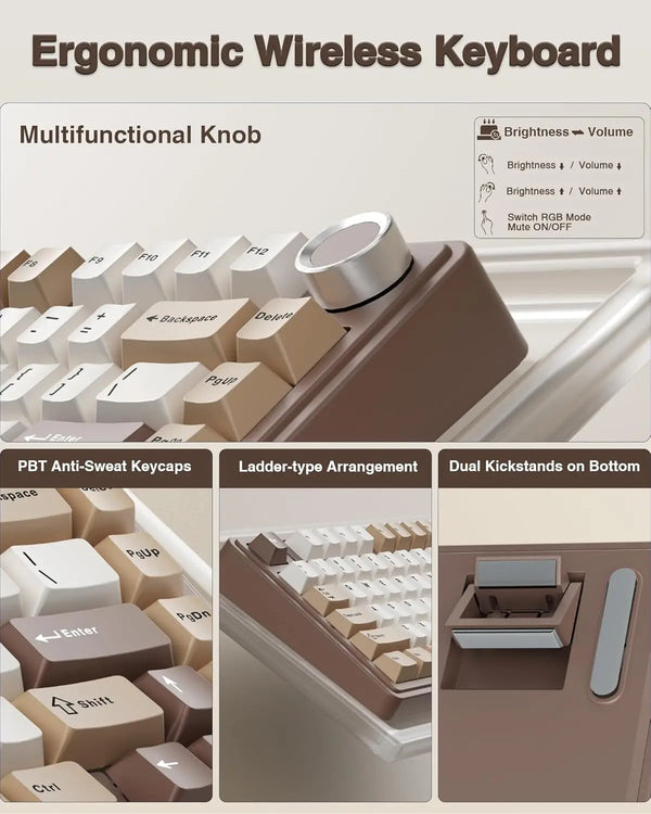 Close-up view of an ergonomic wireless keyboard showing multi-functional knobs, ladder-type arrangement, and dual kickstands 
