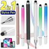 A set of two in one stylus pens shown in various colors and angles for use with tablets and phones.