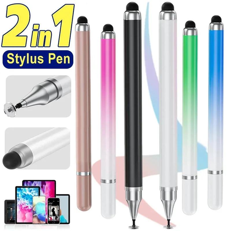 A set of two in one stylus pens shown in various colors and angles for use with tablets and phones.