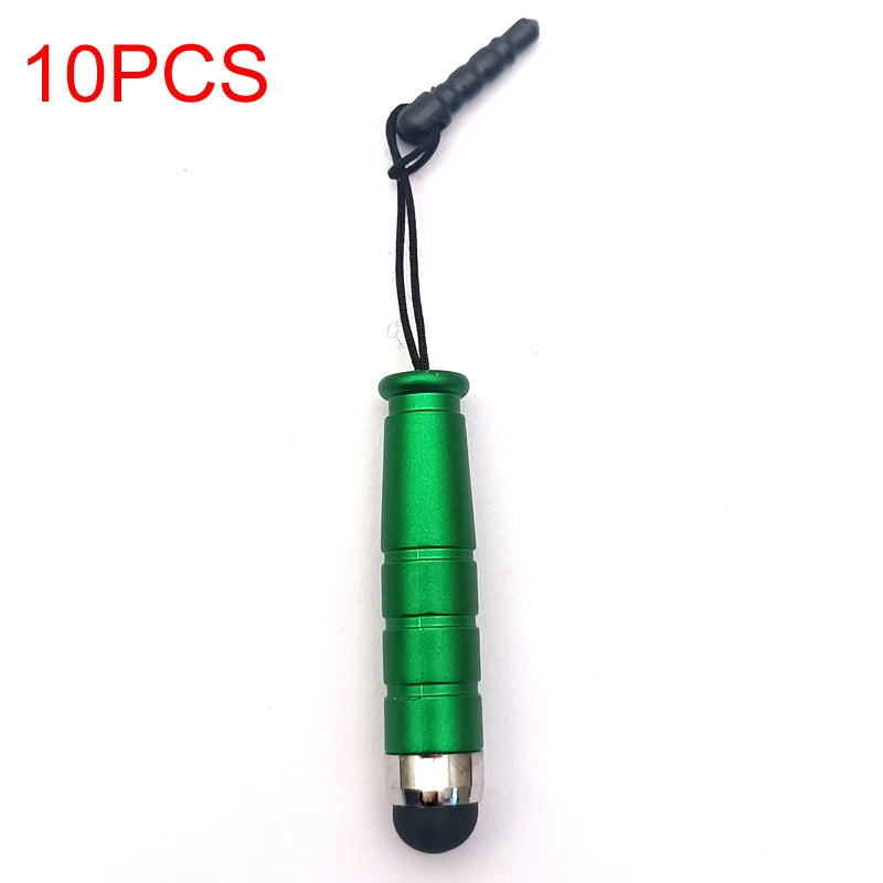 Ten green and silver fine point styluses with black cords shown against a white background.