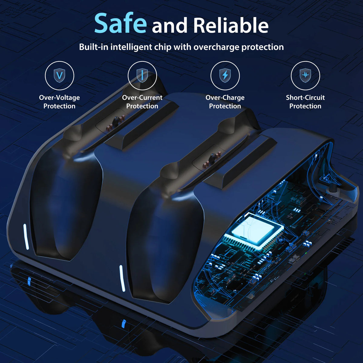 A dark blue dual PS5 controller charging station featuring built-in intelligent chip protection against overvoltage, overcurr