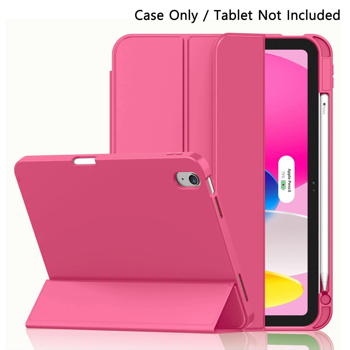 A pink protective case for an iPad is shown, with the tablet inside and the case cover displayed alongside it.