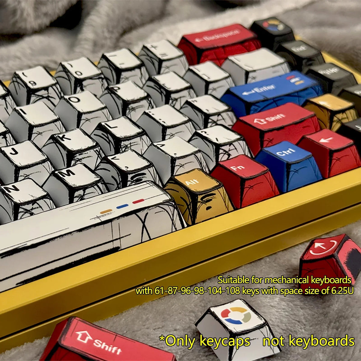 A collection of colorful comic style mechanical keycaps arranged in a yellow tray.