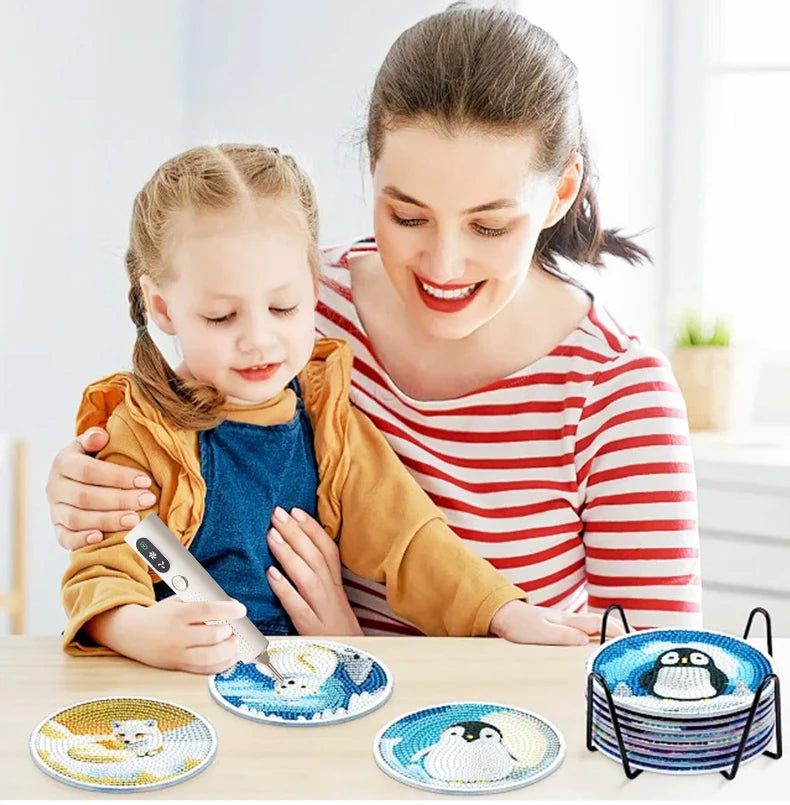 A woman is painting an electric diamond painting on a plate with a child watching.