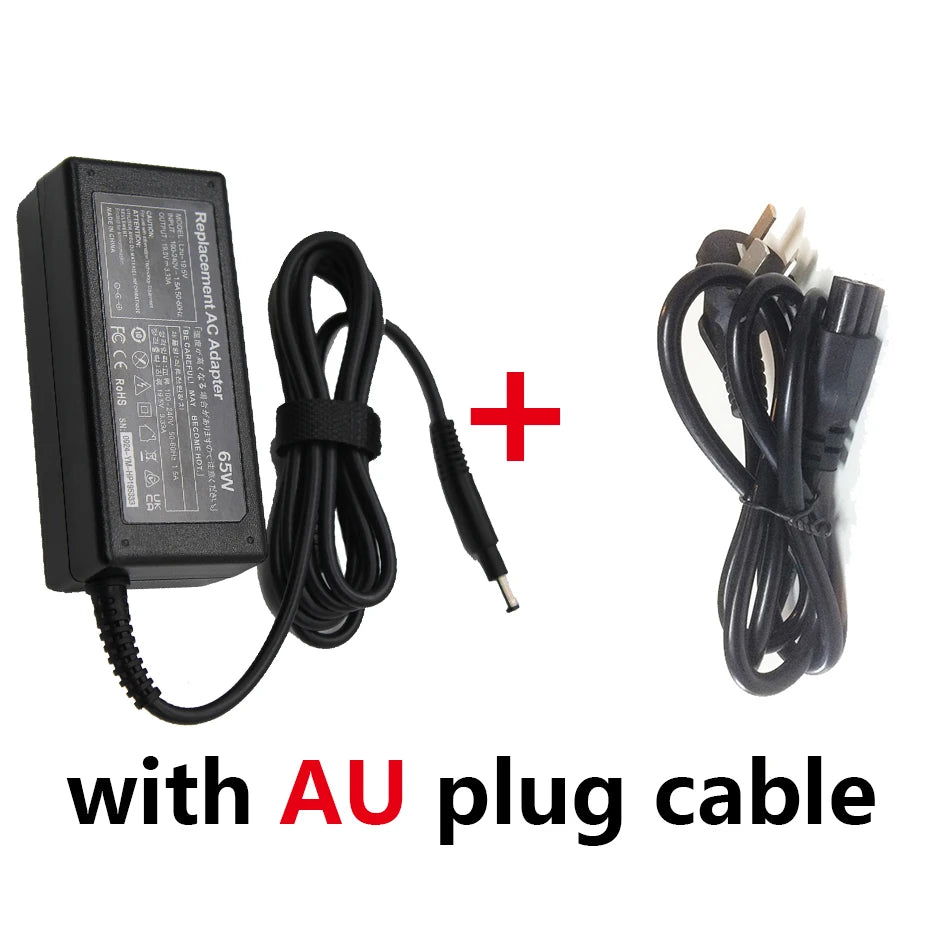 Black laptop power adapter with a plug cable and a red plus sign