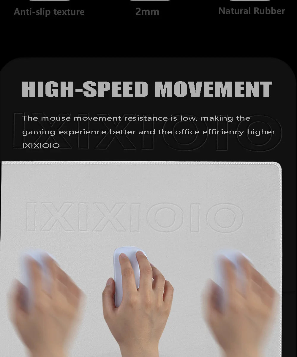 A close-up view of a white mouse pad being used by hands, demonstrating high-speed mouse movement.