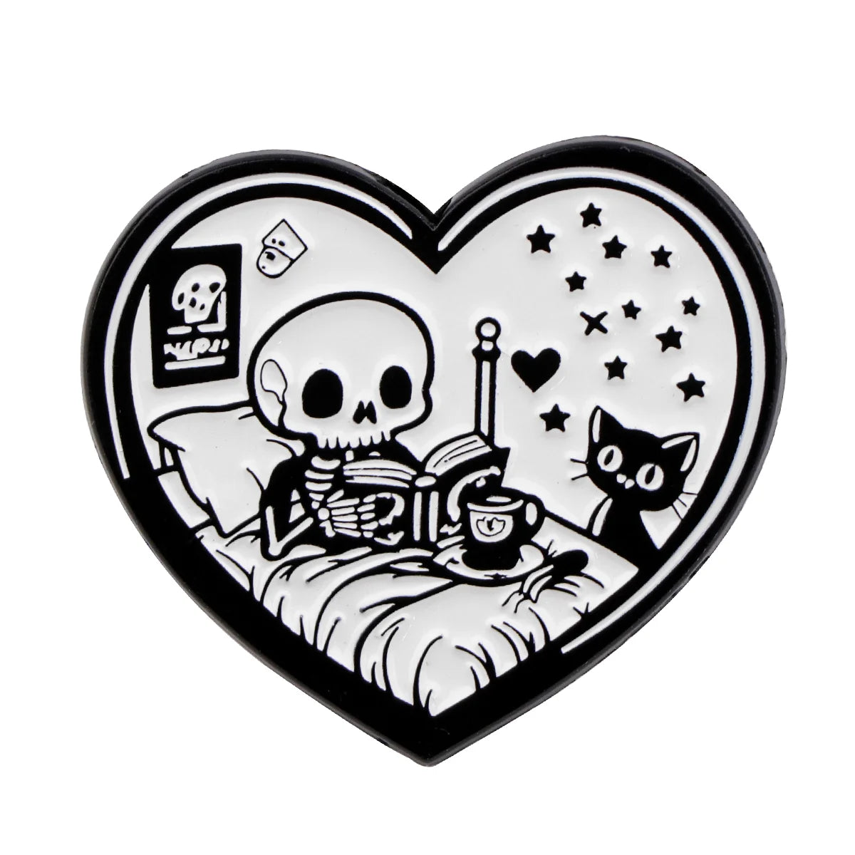 A heart-shaped enamel lapel pin featuring a skull and book design with stars and a cat silhouette.