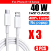 White USB-C to Lightning fast charging cables for iPhone 8-14 series, sold in a pack of three.