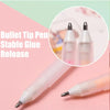 A white bullet tip glue pen is shown with a close-up view of its tip and body.