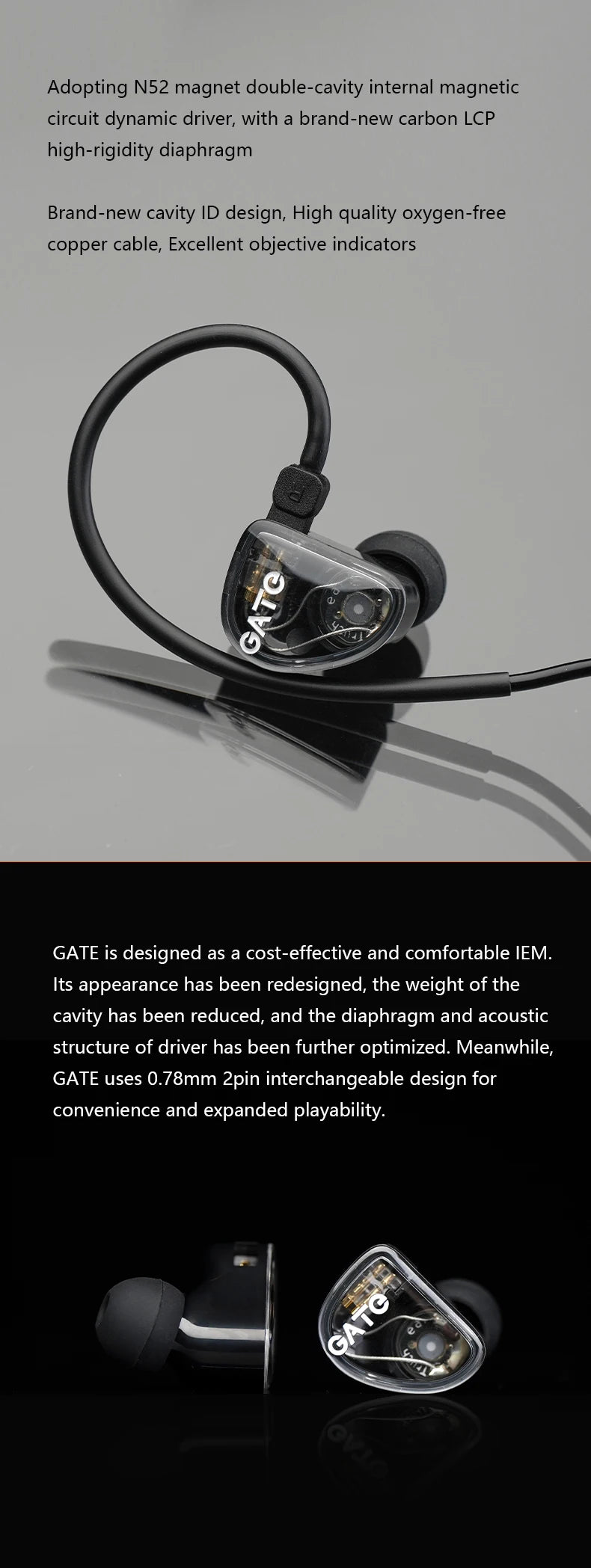 A black wired in-ear headphone with a clear magnetic cavity and attached cable.