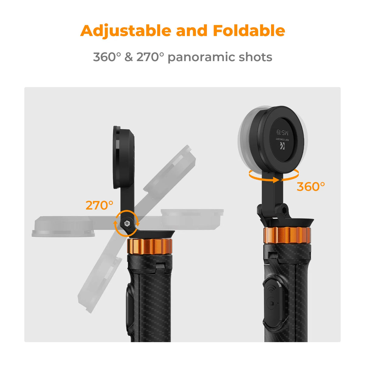 Adjustable and foldable magnetic selfie stick tripod showing 270 and 360 degree panoramic shots.