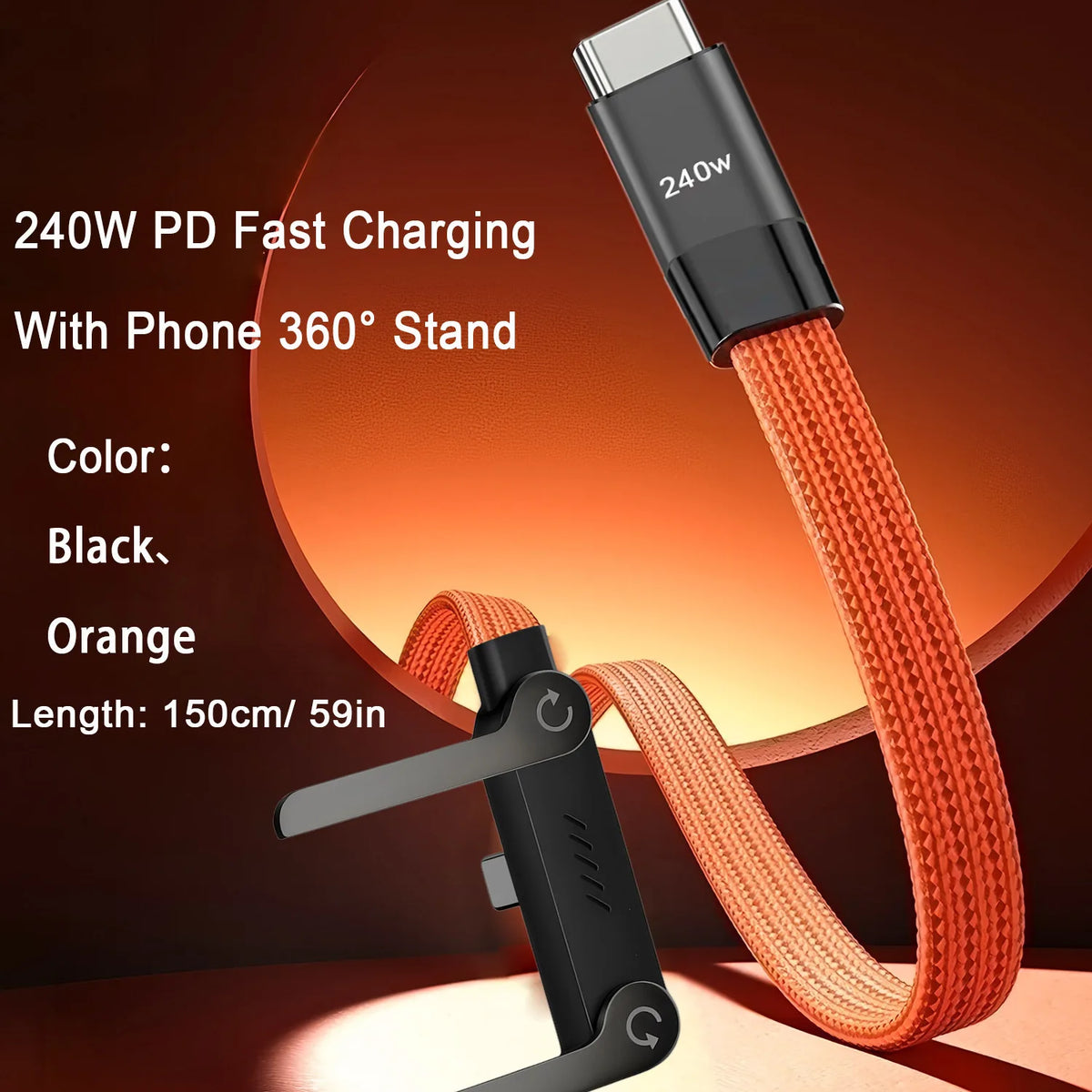 An orange 240W PD fast charging cable with a folding stand is shown against a dark background.