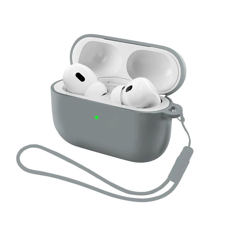 A gray silicone earphone case with a strap is open, showing two white earbuds inside.