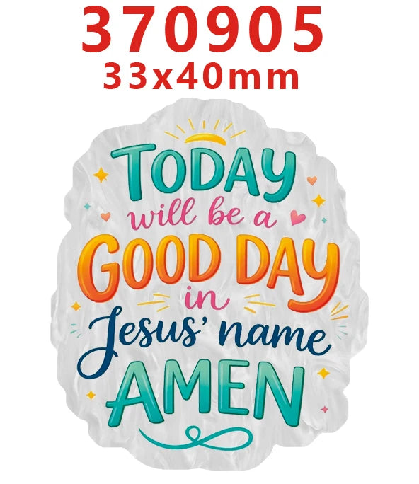 A white acrylic hair bow with a yellow sunburst design and the text Today will be a good day in Jesus' name Amen