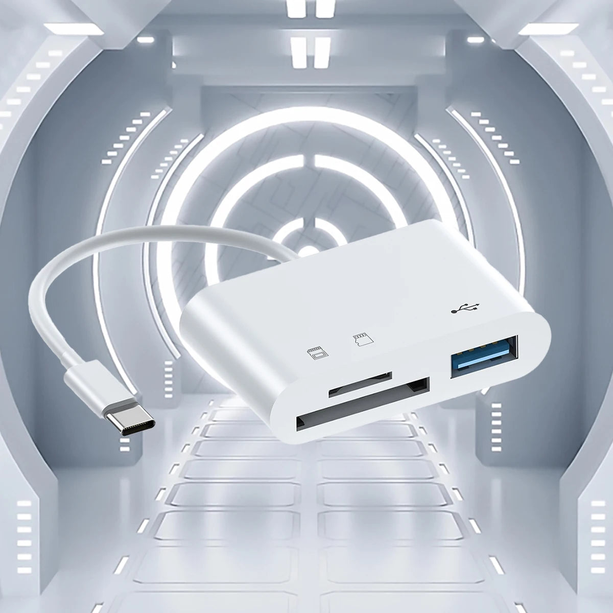 Ein weißes 3-in-1 Type-C-Kartenrollgerät in einem futuristischen, beleuchteten Innenraum.