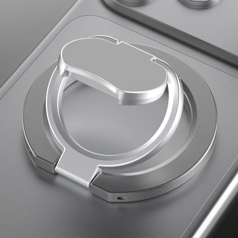 A silver magnetic phone stand with a kickstand designed for MagSafe and metal cases.