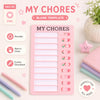A pink reusable sliding chore chart board with empty slots for tracking tasks and habits.