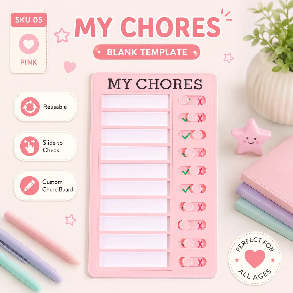 A pink reusable sliding chore chart board with empty slots for tracking tasks and habits.
