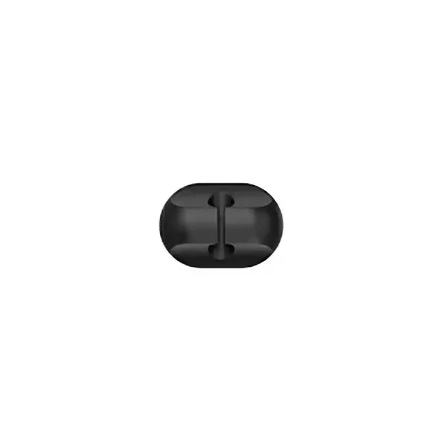 A black silicone cable organizer and winder set.
