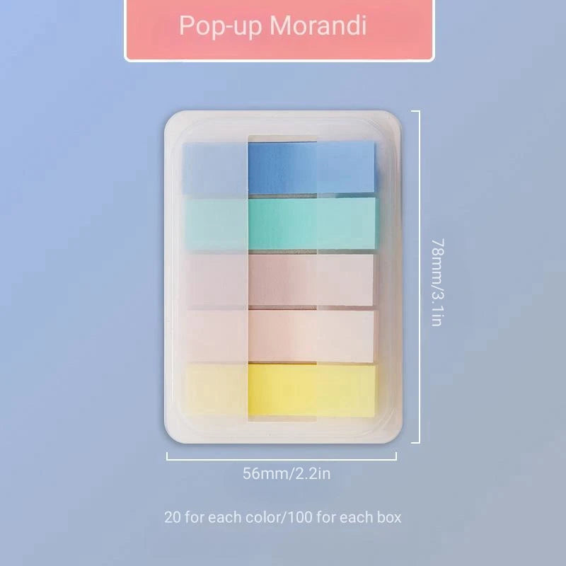 A clear plastic box containing 20 fluorescent PET sticky notes in various pastel colors for index tabs.