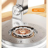 A close-up view of a silver 360° rotating tablet stand mechanism with a rotating base and a metal clamp.