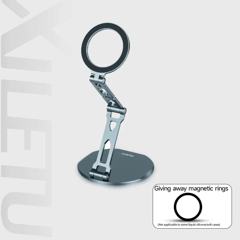 A silver foldable magnetic phone and tablet stand with a circular ring attachment.