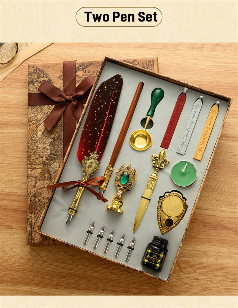 A two pen set featuring a fountain pen, ink, and wax seal kit displayed on a wooden surface.
