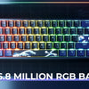 A close-up of an aluminum mechanical keyboard with RGB backlight and a purple gaming mouse displayed on a dark background.