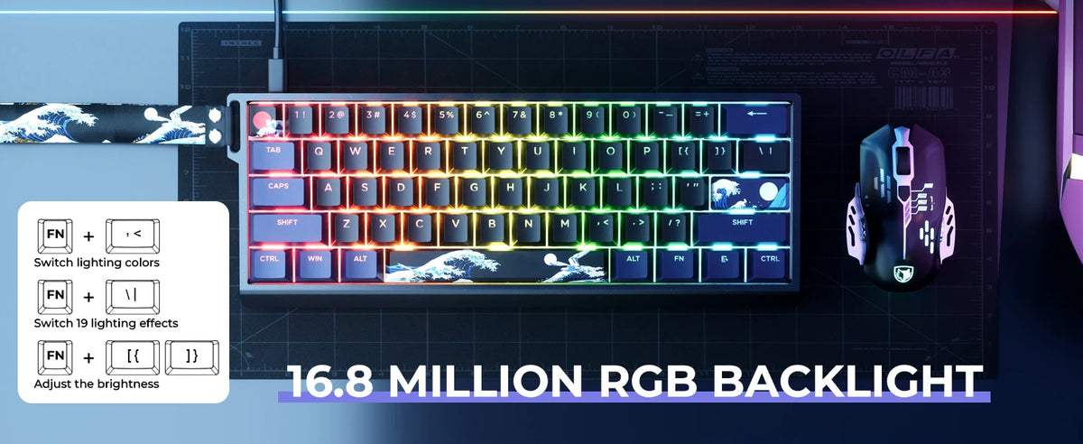 A close-up of an aluminum mechanical keyboard with RGB backlight and a purple gaming mouse displayed on a dark background.