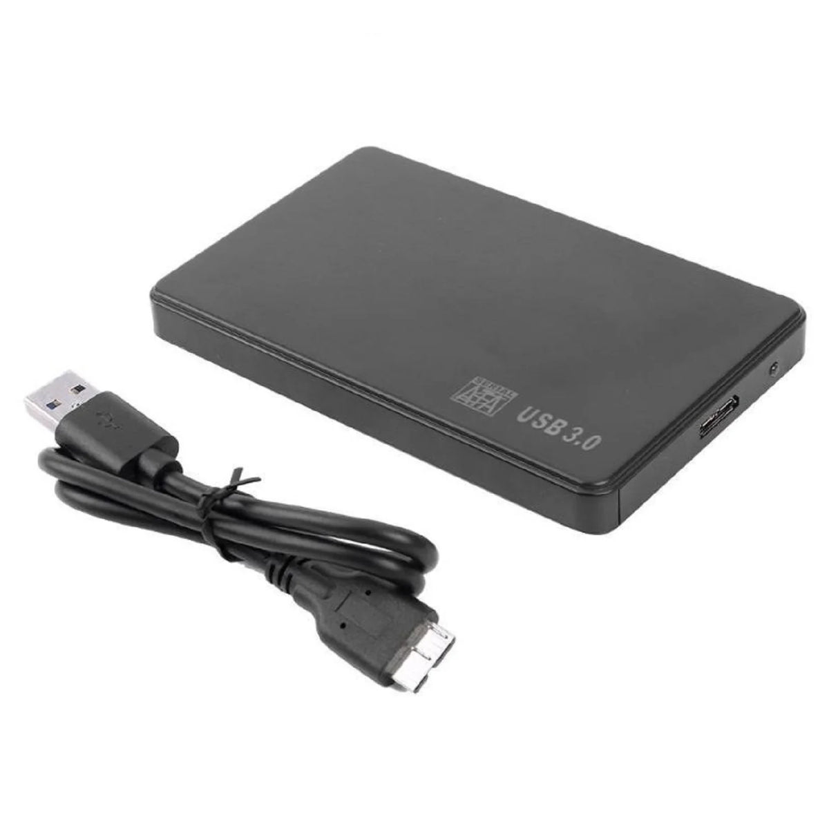 Schwarze externe Festplattenschale mit USB 3.0-Stecker und Kabel.