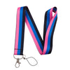 A black and pink striped lanyard for an ID badge holder with a metal clip.