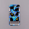 A black cartoon cat card holder featuring a vibrant blue and yellow starry background.