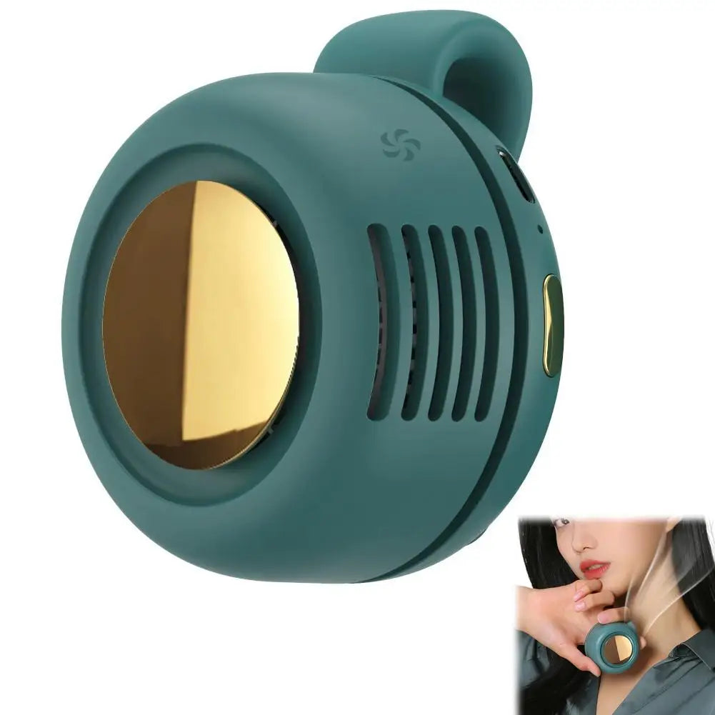 A teal portable mini blade-less electric fan with a circular grille and a gold accent.