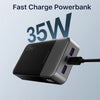 A black power bank with a digital display showing 35W fast charging capability.