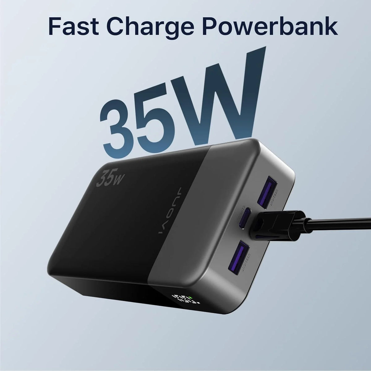 A black power bank with a digital display showing 35W fast charging capability.