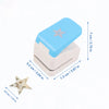 Light blue embossing punch machine with a silver star design and dimensions shown.