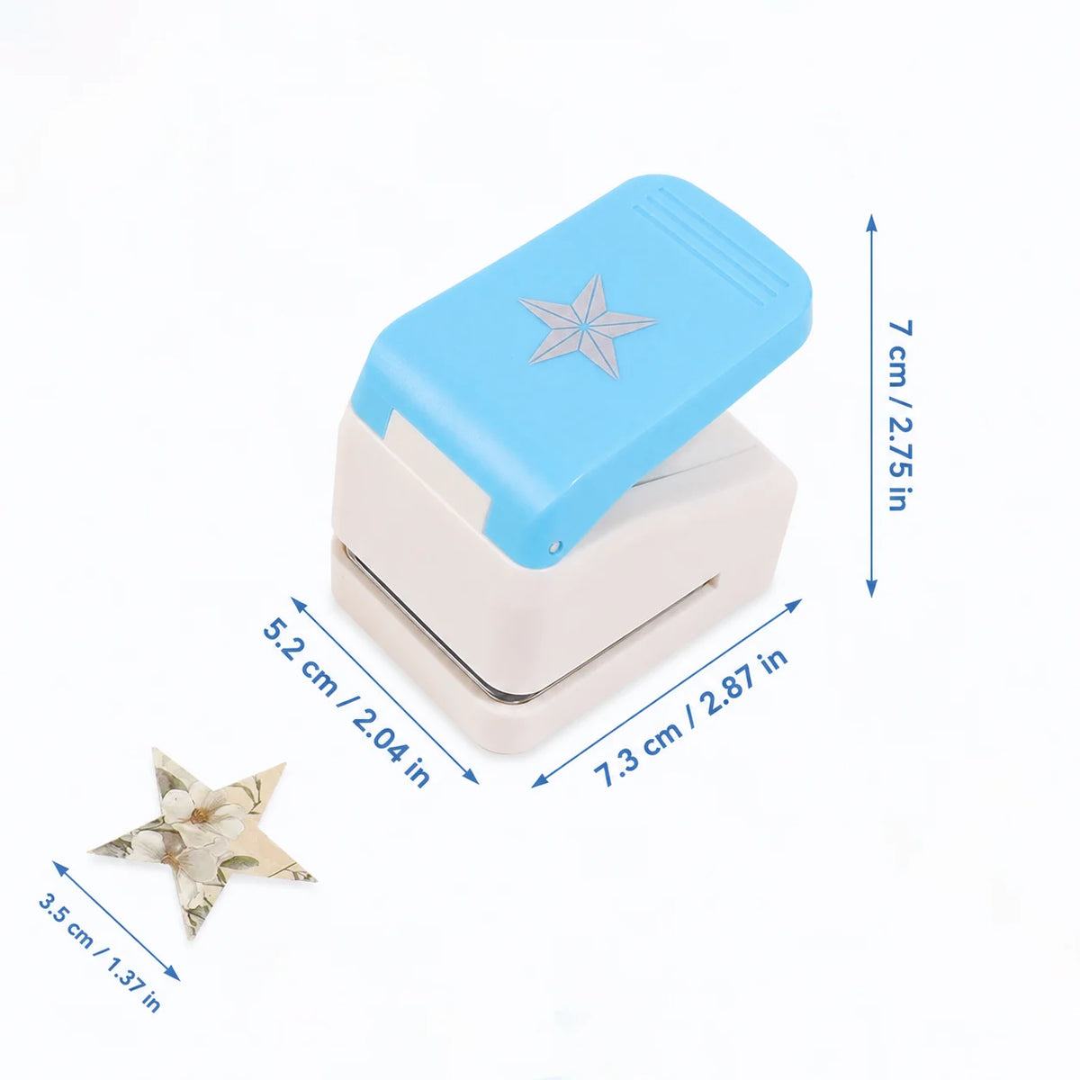 Light blue embossing punch machine with a silver star design and dimensions shown.
